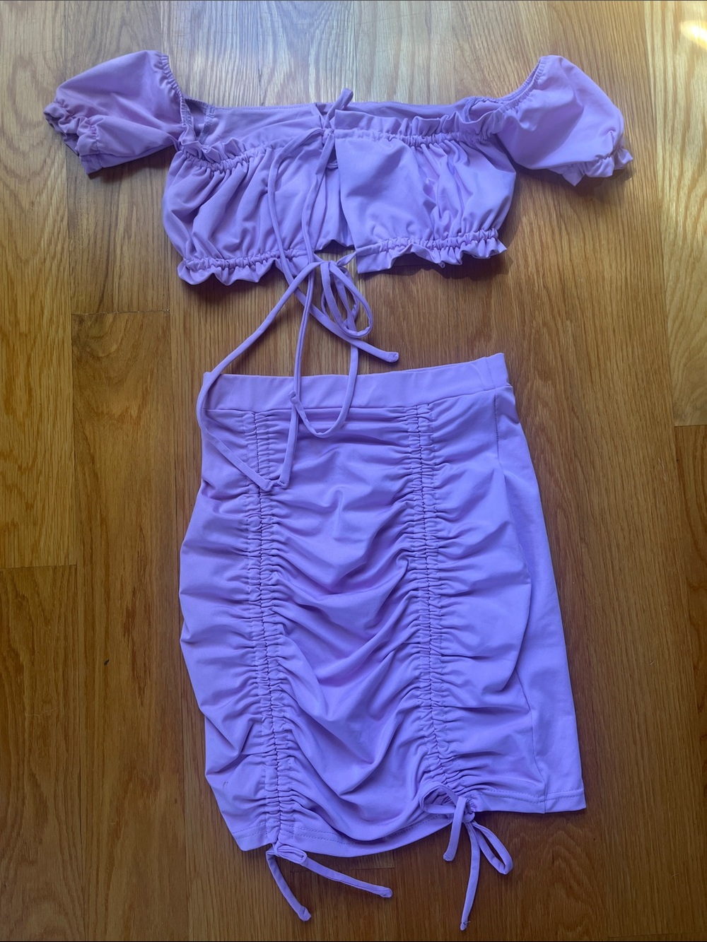 Never worn lavender Ruched adjustable Drawstring Mini Skirt with matching top